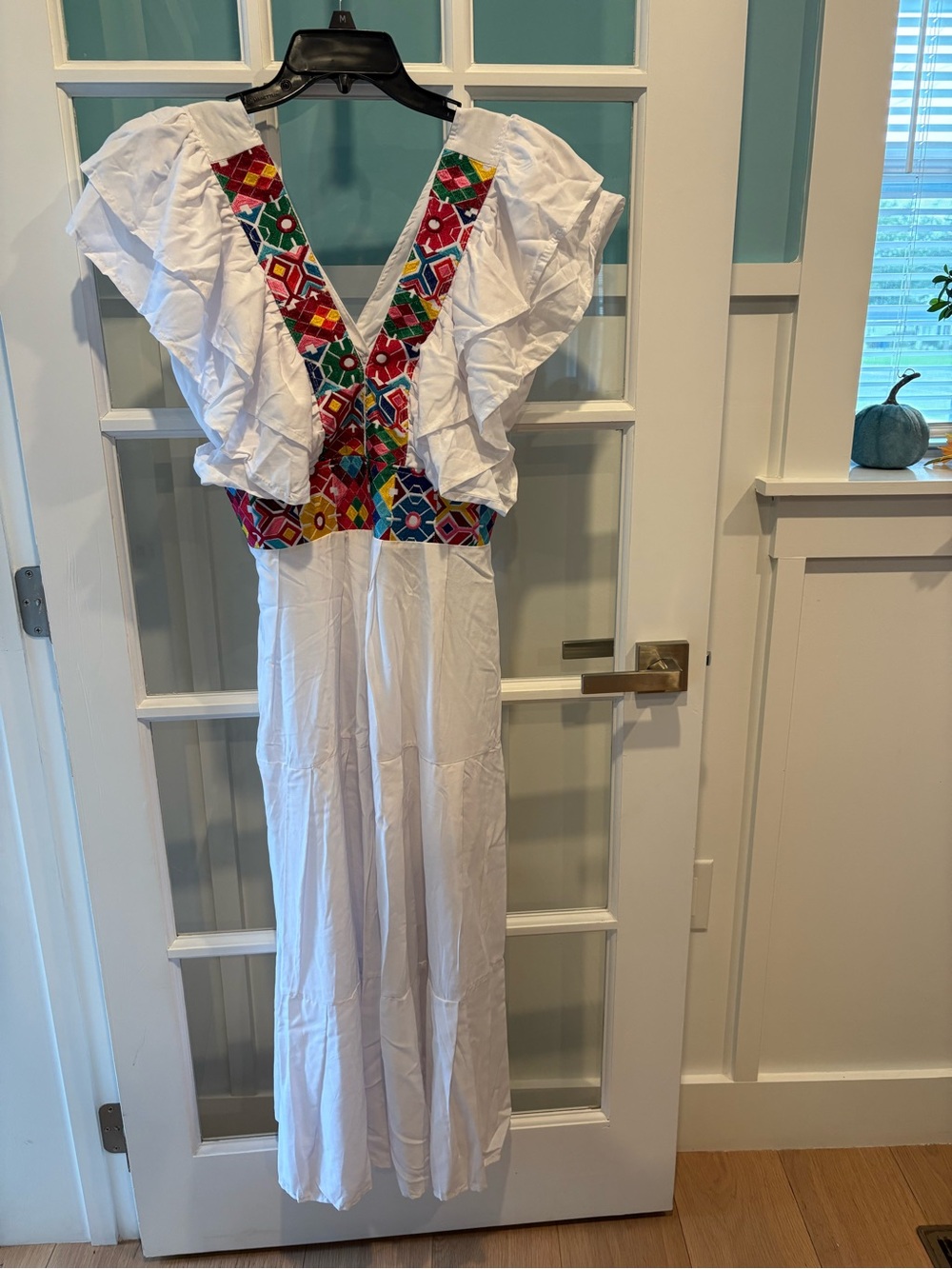 White Maxi Dress with Colorful Embroidered V-Neck
